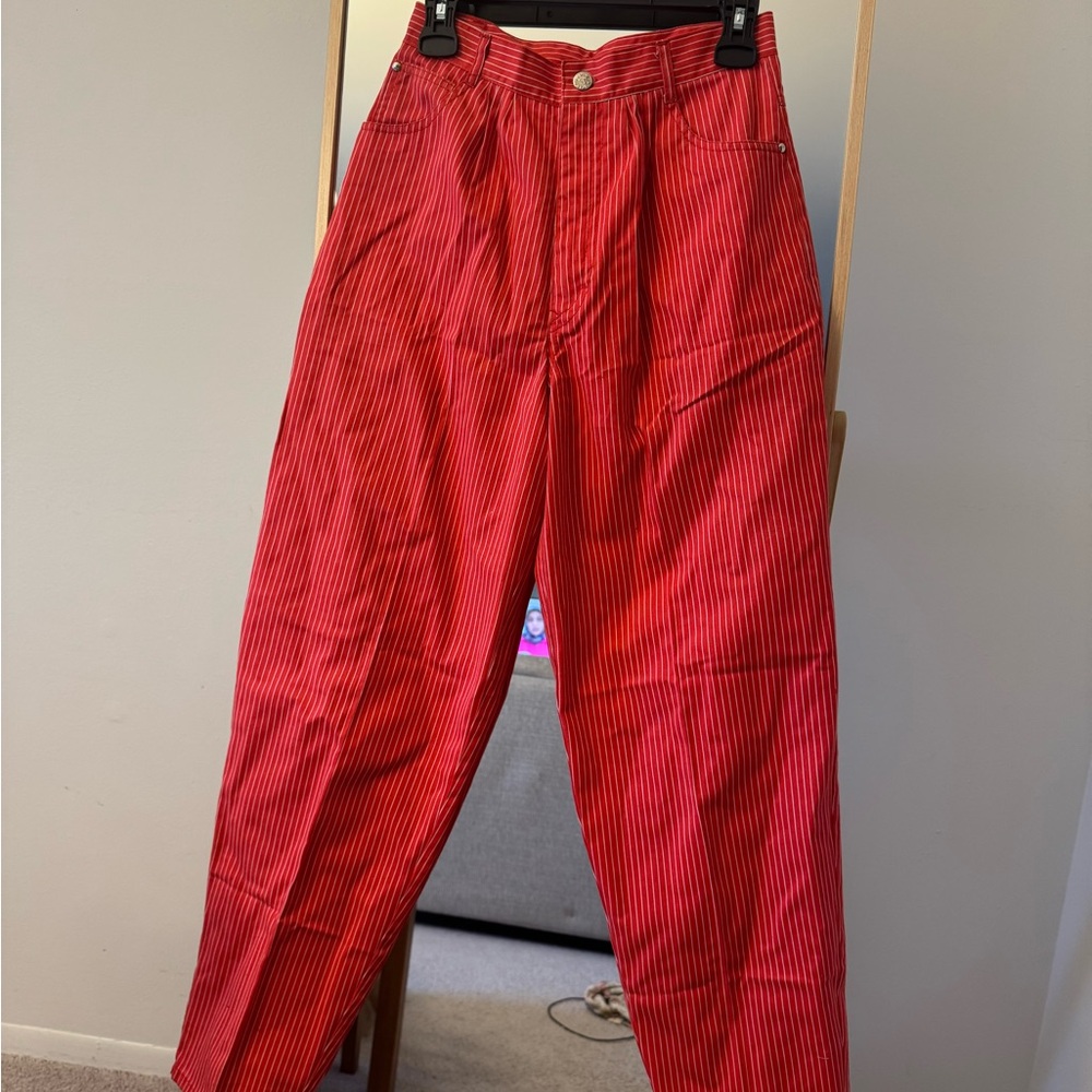 GİTANO Vintage 80’s Red Striped Women High Waist Straight Leg Retro Mom Fit Pant
